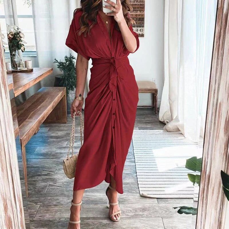 Trendoire-Jurken-Elegante gedrapeerde jurk met V-halslijn